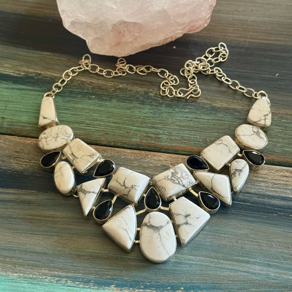Howlite and Onyx genuine Stone Statement Necklace